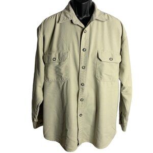 Vintage 90s Anchor Blue Button Up Shirt L Beige Heavy Flannel Shacket Pockets